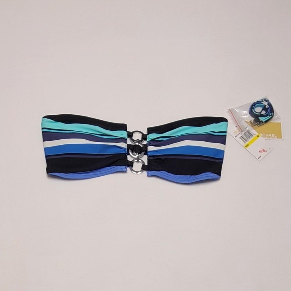 Michael Kors Women's Striped Bandeau Bikini Top Blue Black Ring Detail M/L